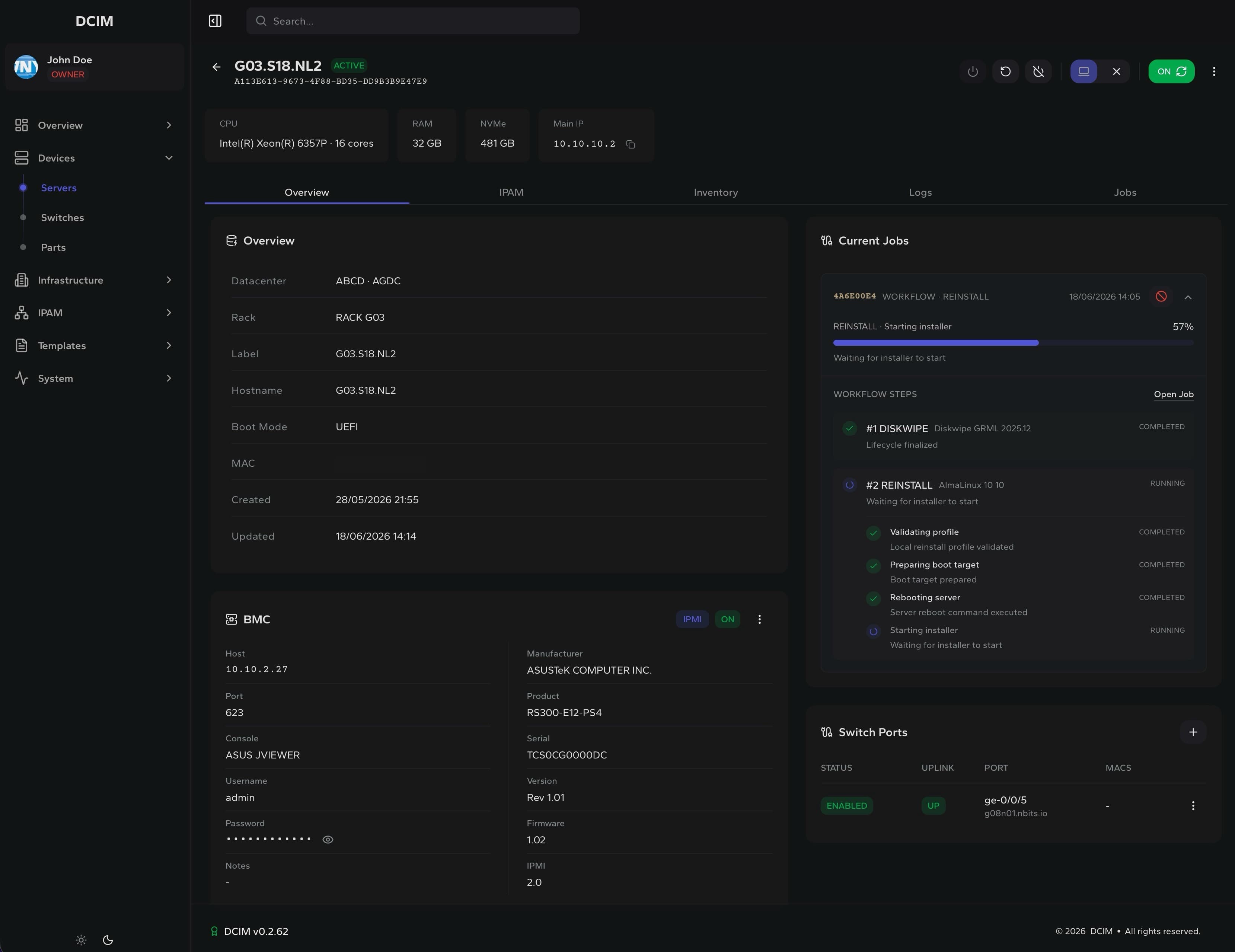 DCIM dashboard showing server inventory, BMC access and operational actions