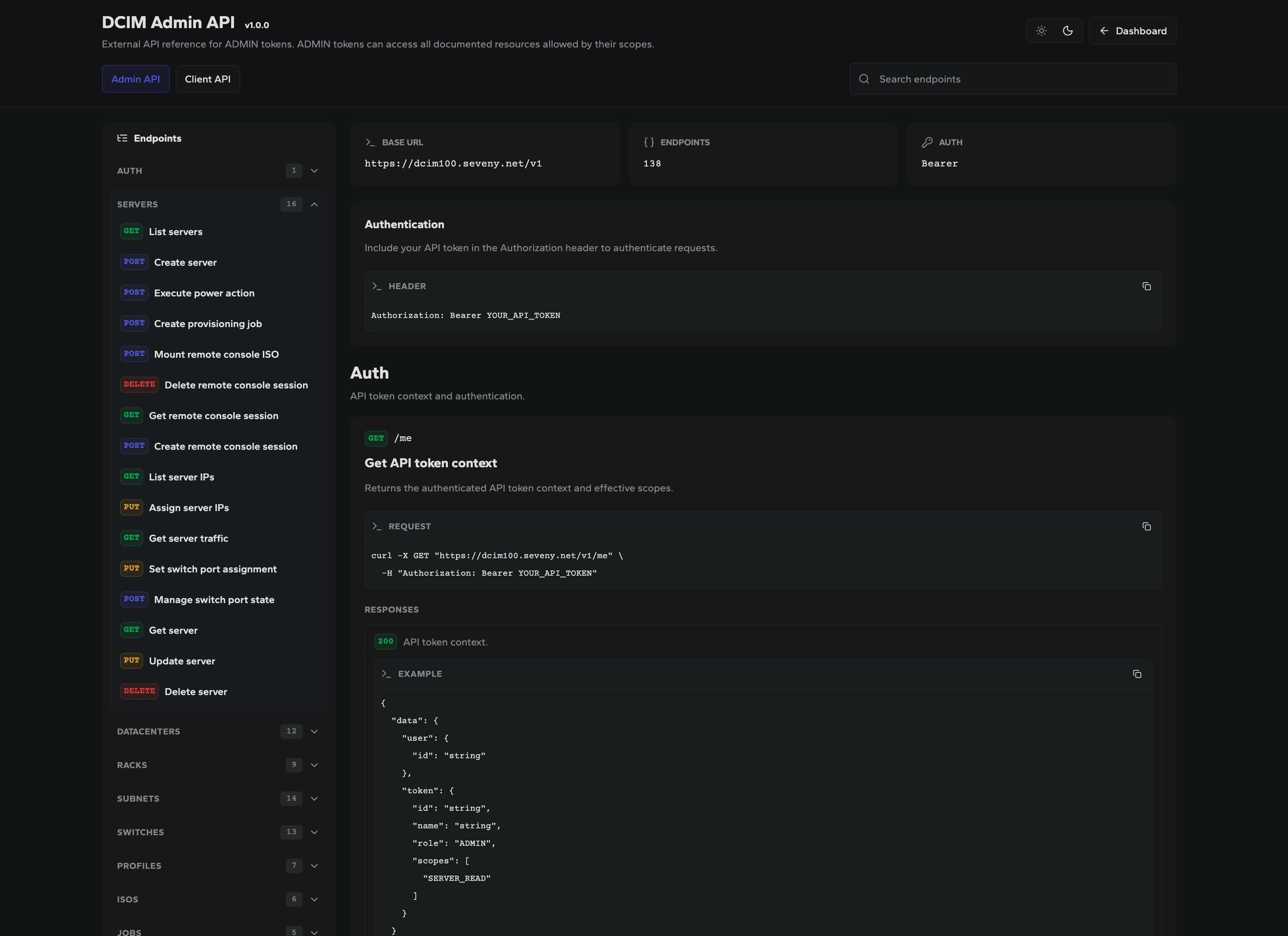 DCIM API documentation with endpoints and request examples