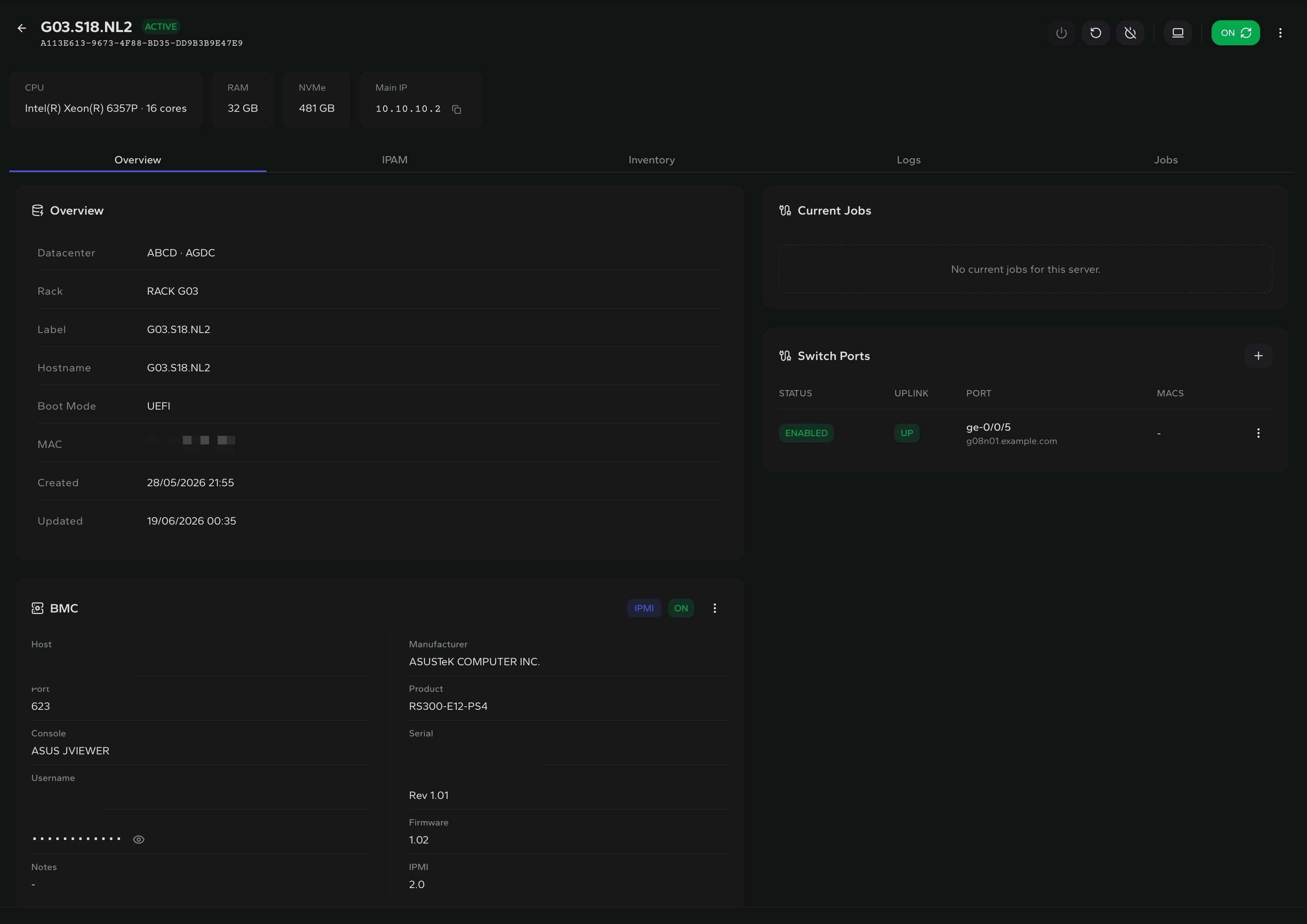 DCIM server overview with BMC power controls