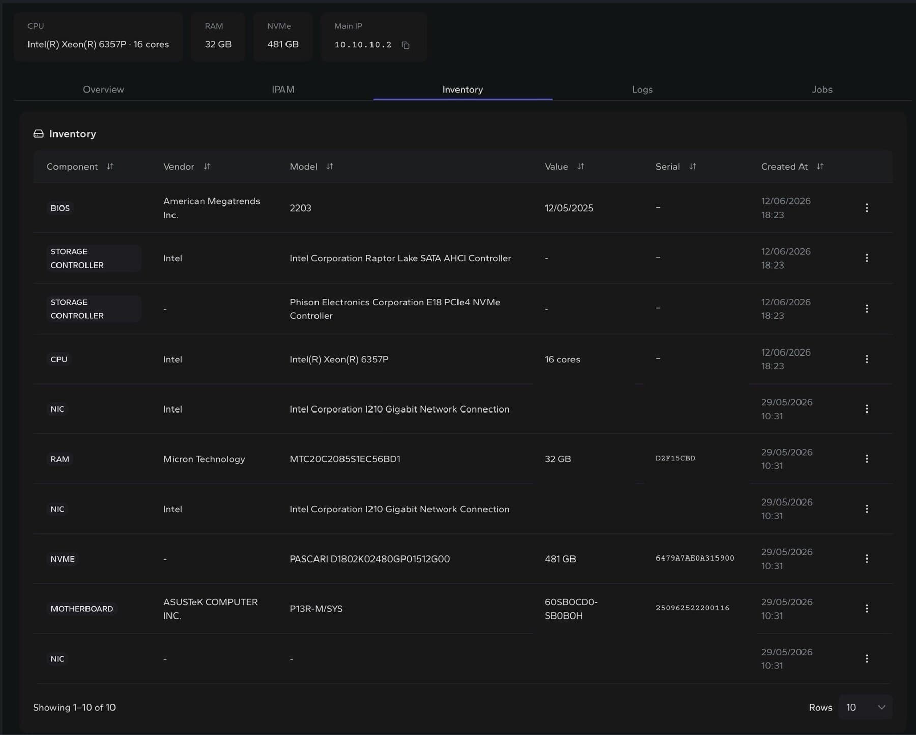 DCIM hardware inventory table screen