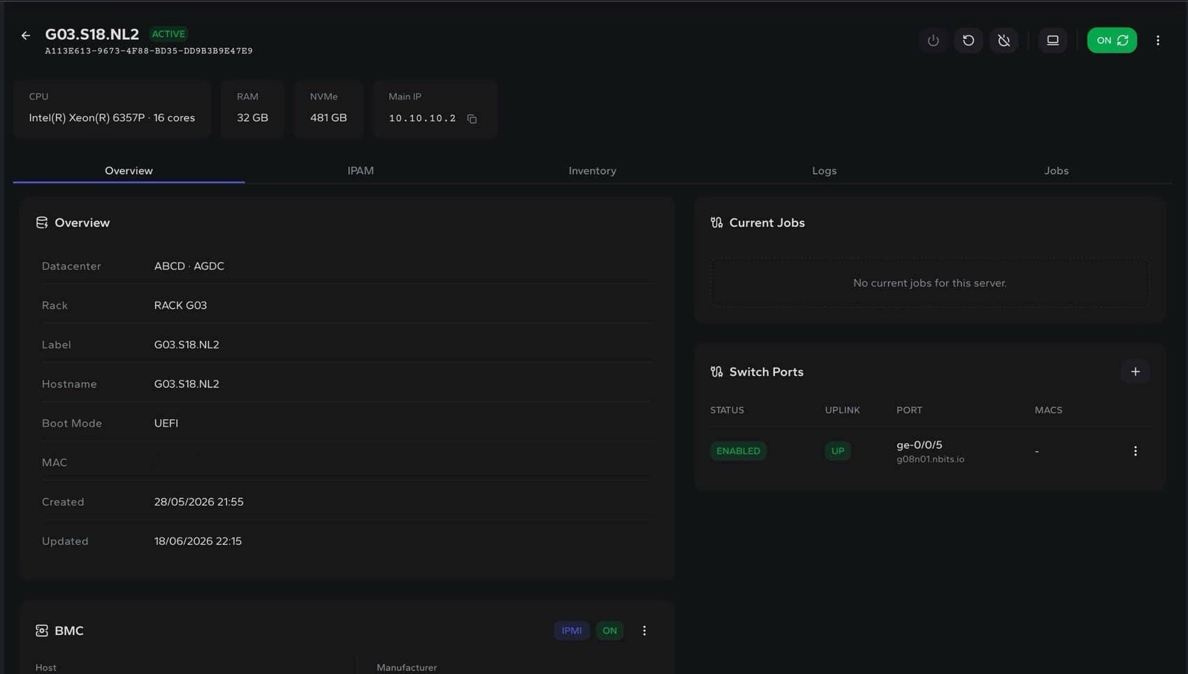 DCIM server asset overview screen