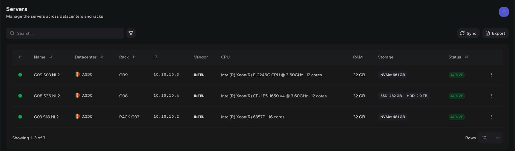 DCIM servers inventory list screen