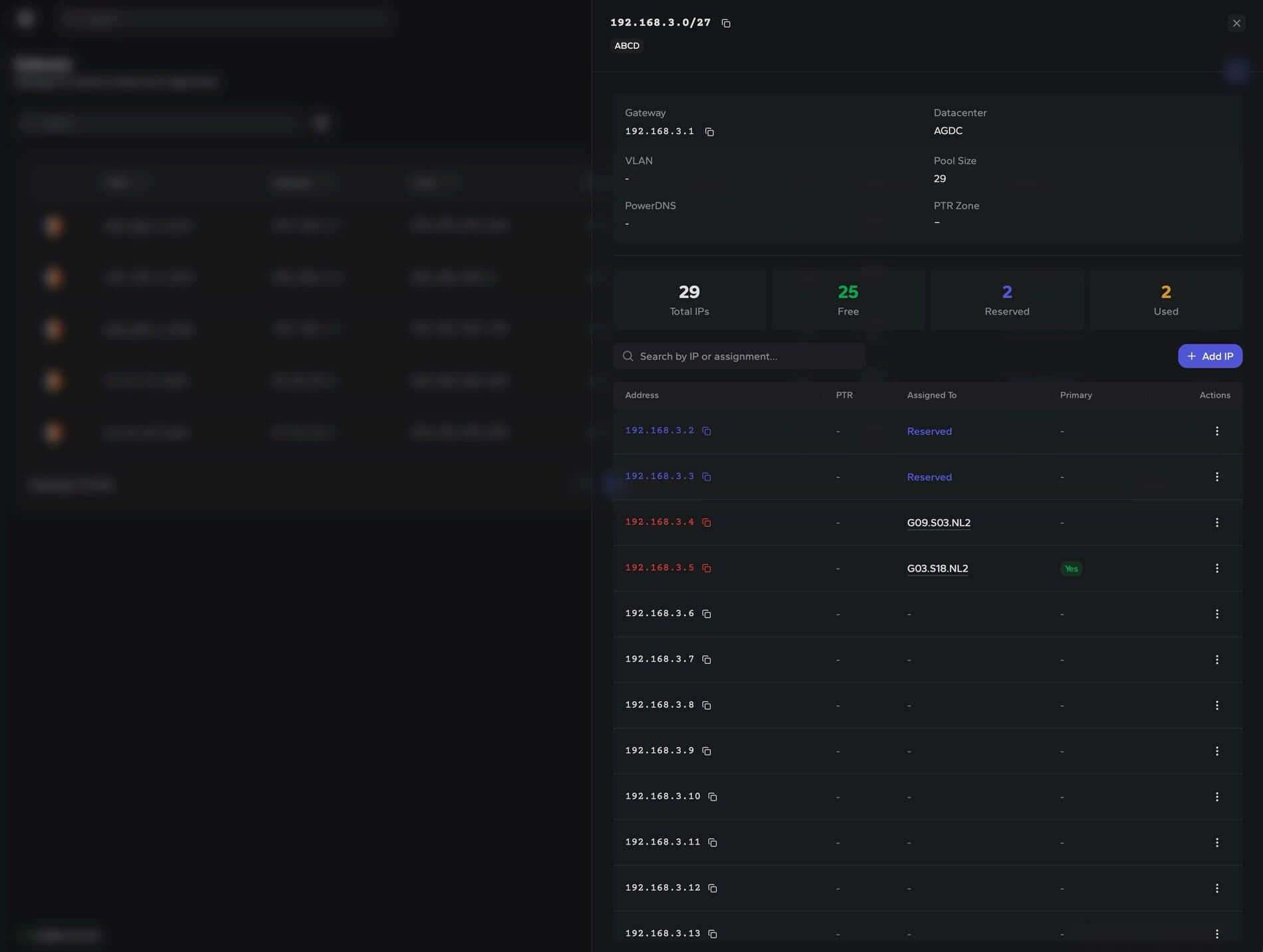 DCIM IPAM subnet detail with IP pool usage and DNS metadata