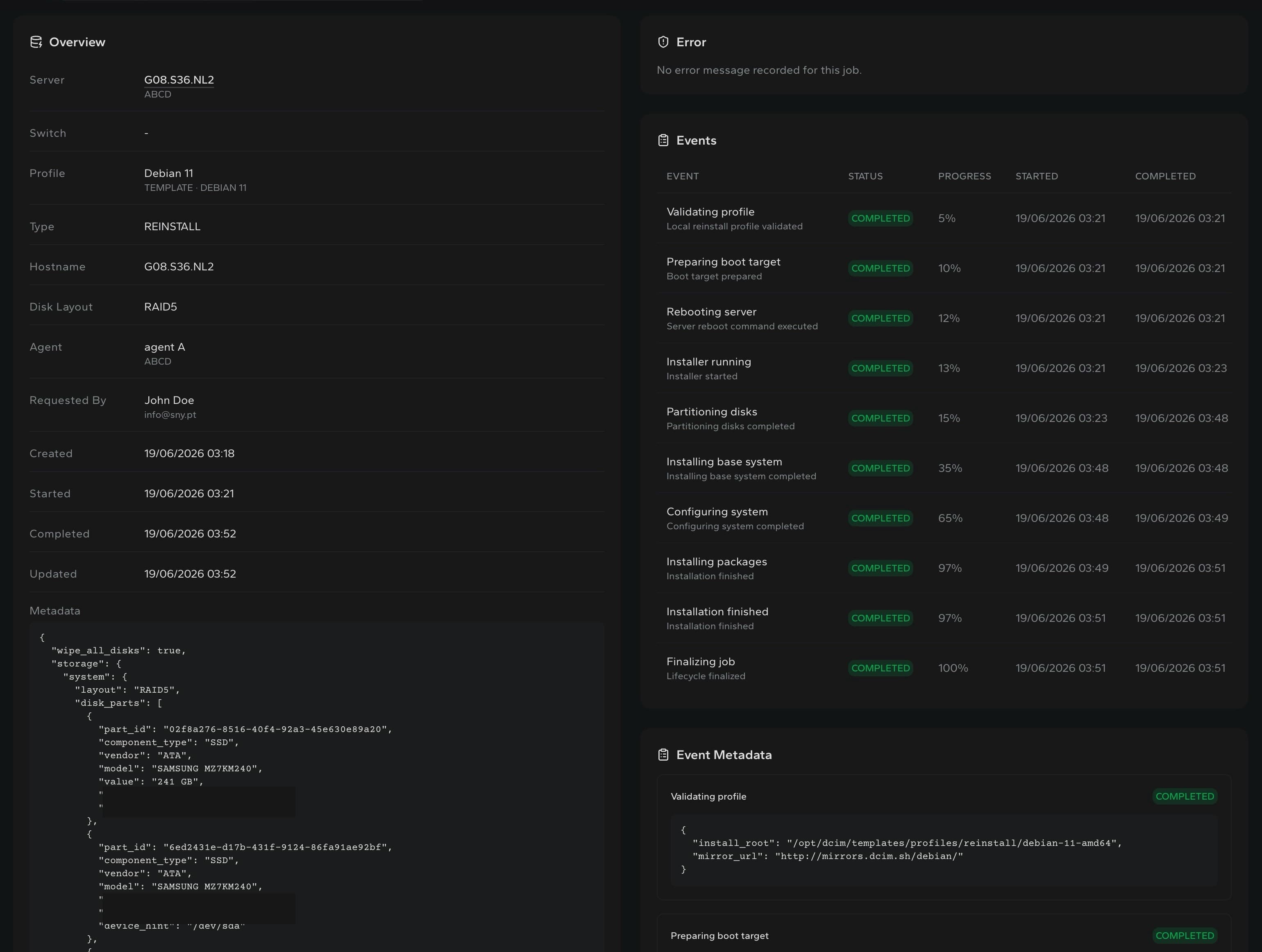 DCIM job details with overview and event timeline
