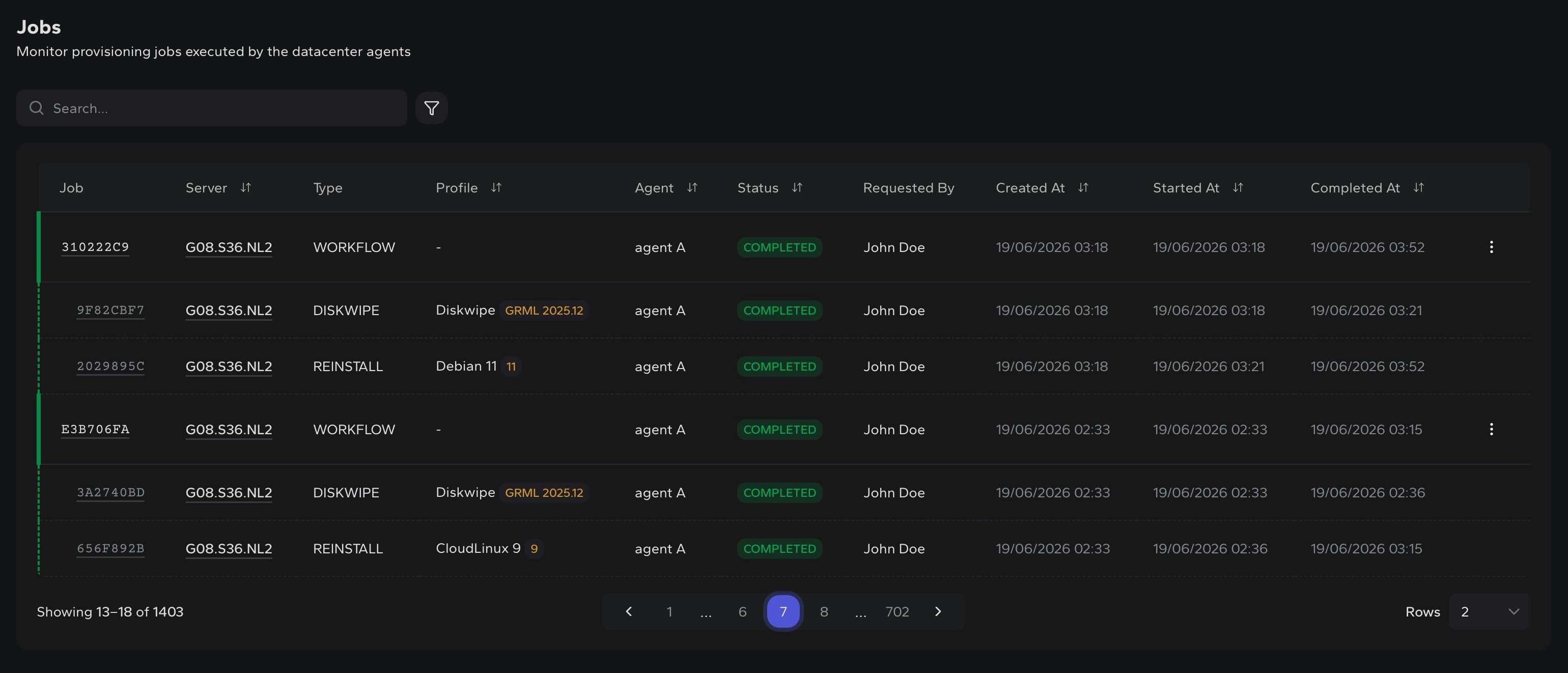 DCIM jobs list with workflow and step jobs