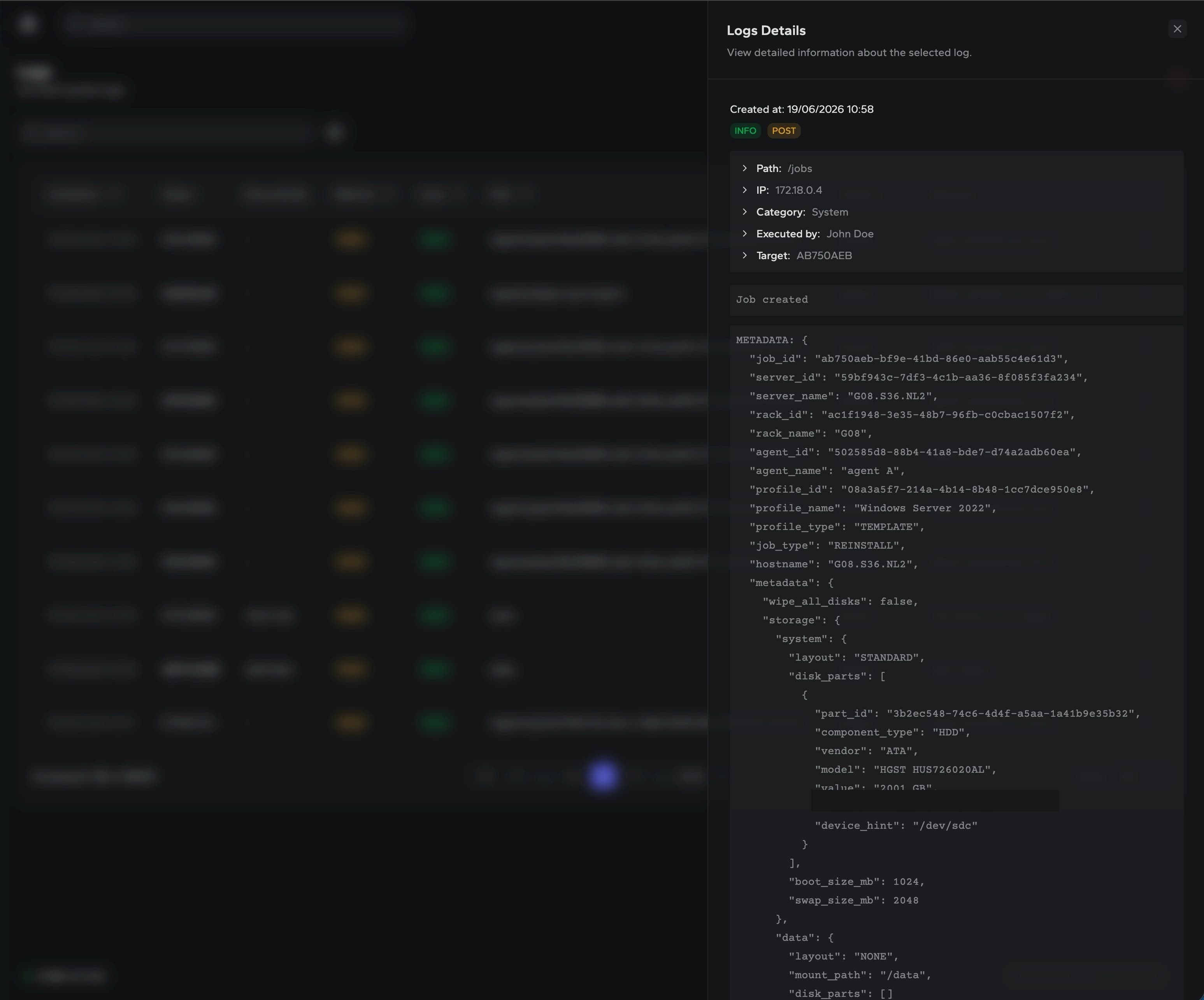 DCIM log details drawer