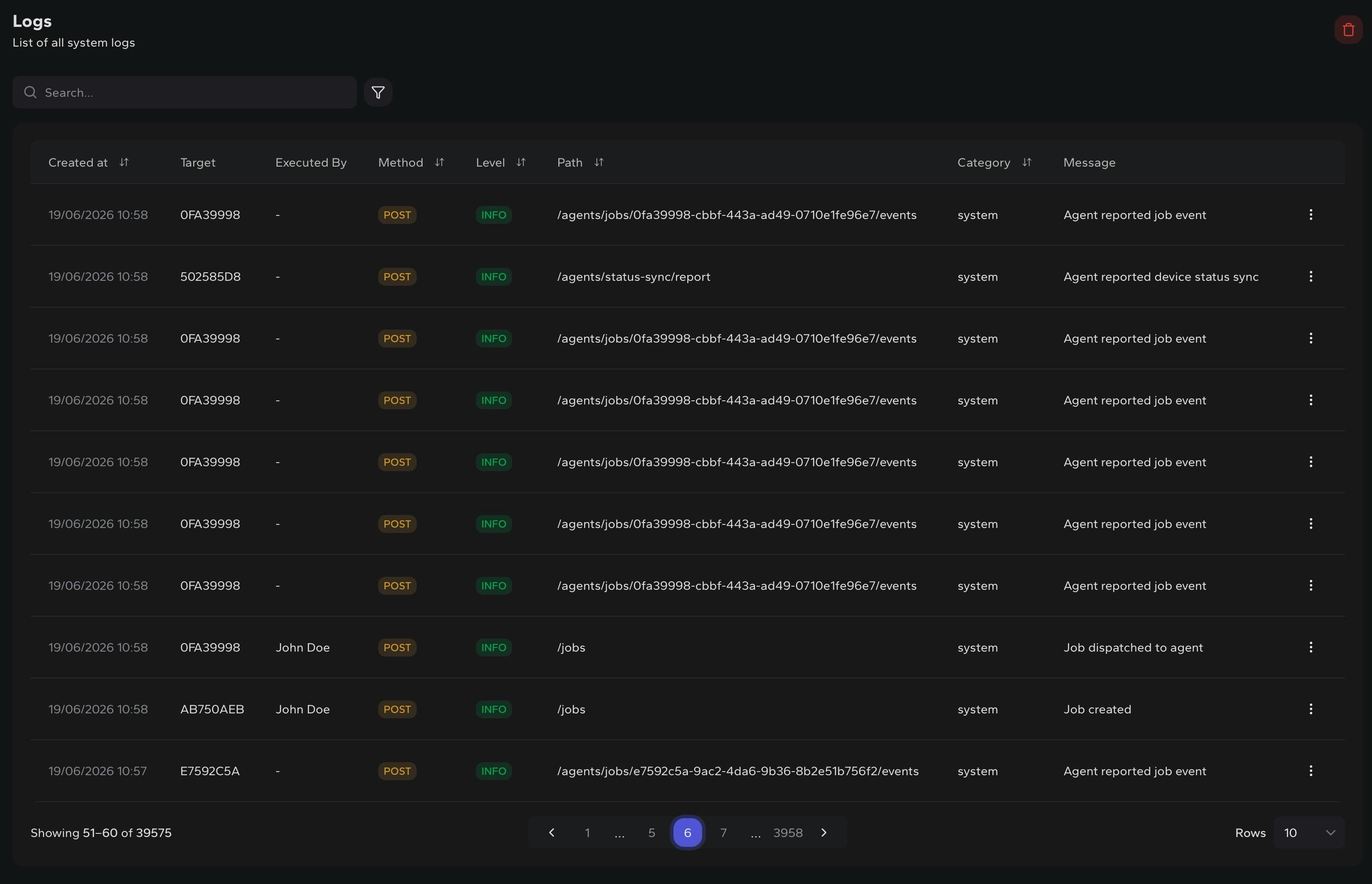 DCIM system logs list