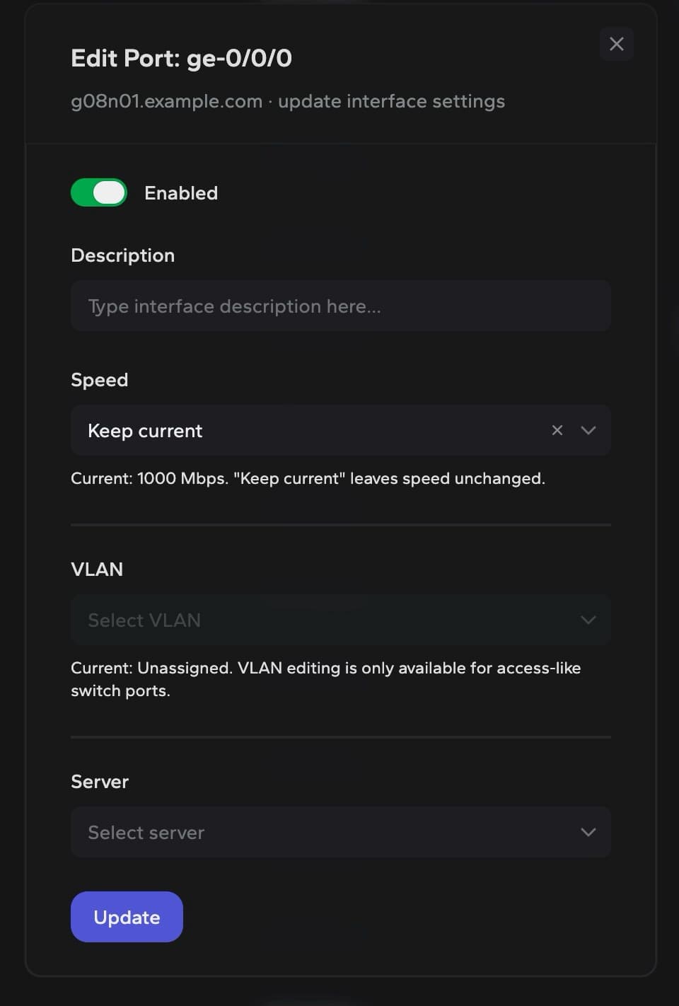DCIM edit switch port modal