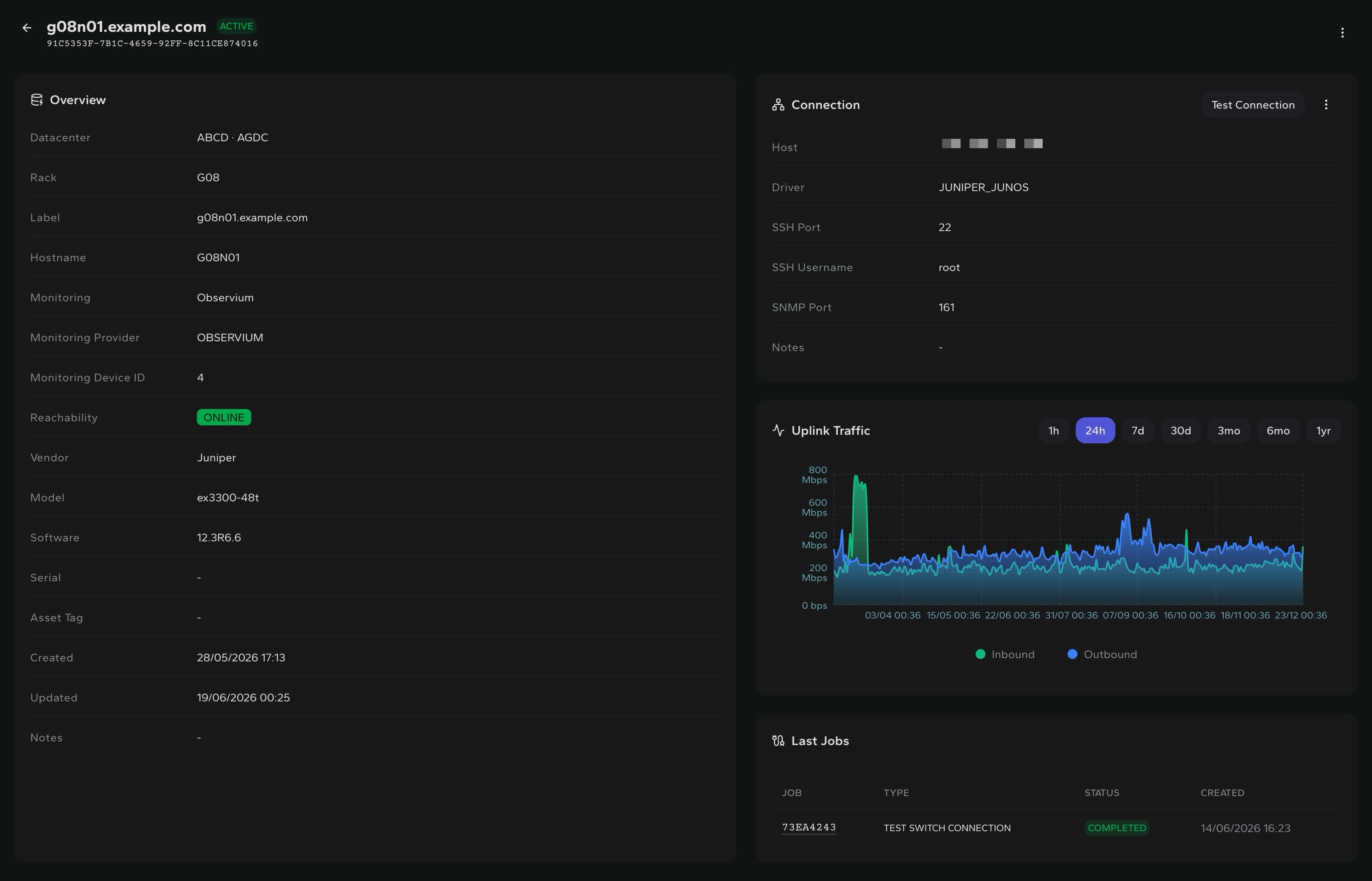 DCIM switch overview with port assignments, reachability and traffic history