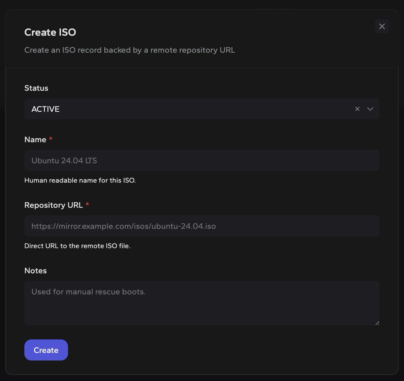 DCIM create ISO source modal