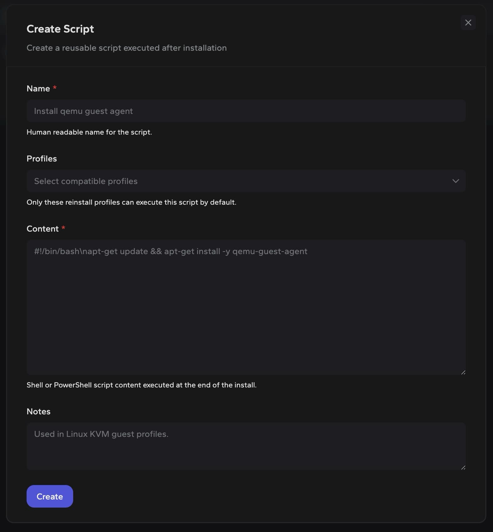 DCIM create post-install script modal