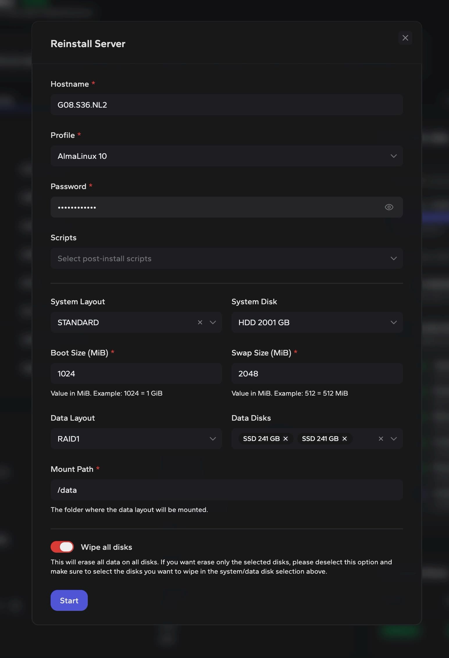 DCIM reinstall server modal with profile and disk layout