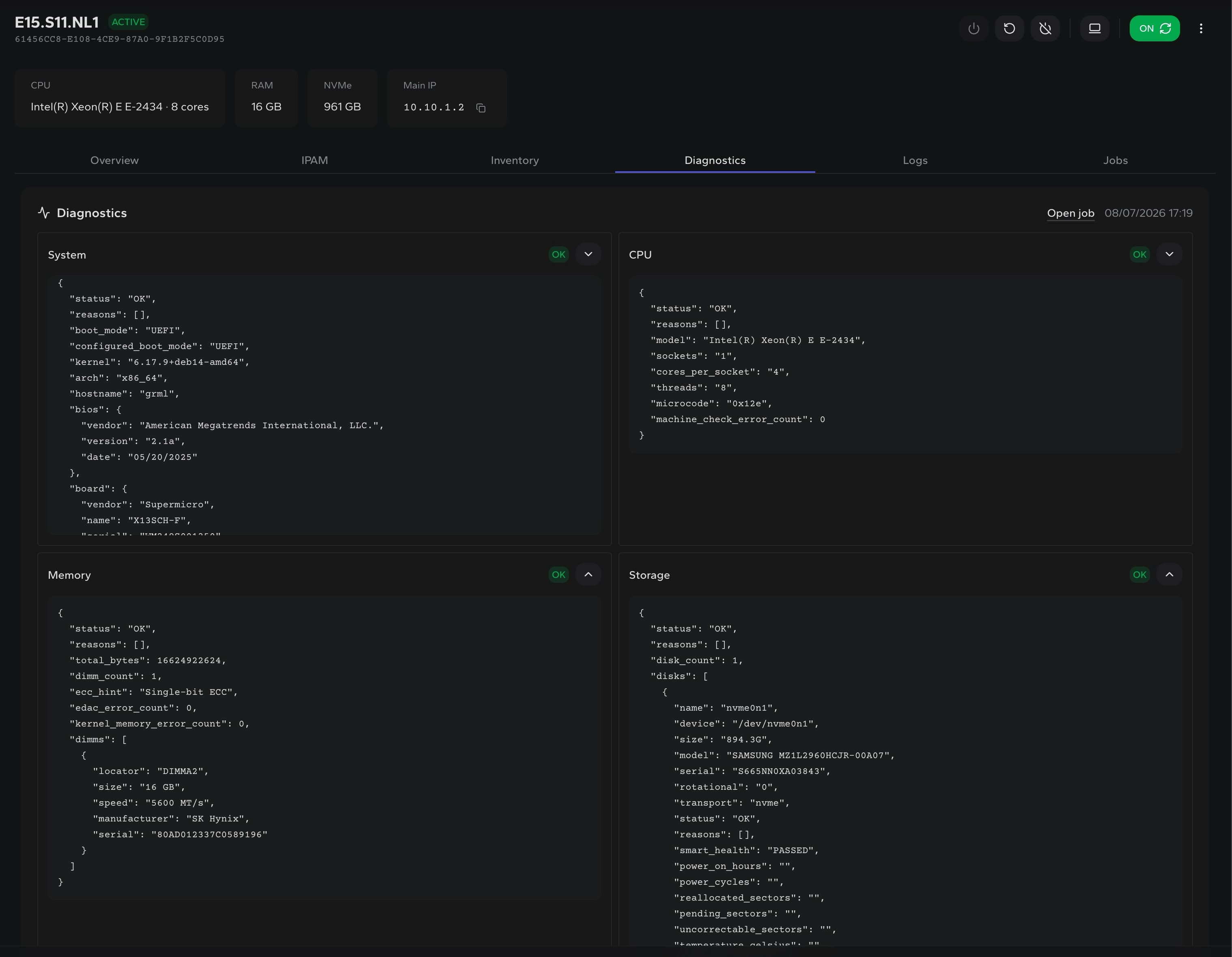 DCIM server diagnostics tab with persisted component health report
