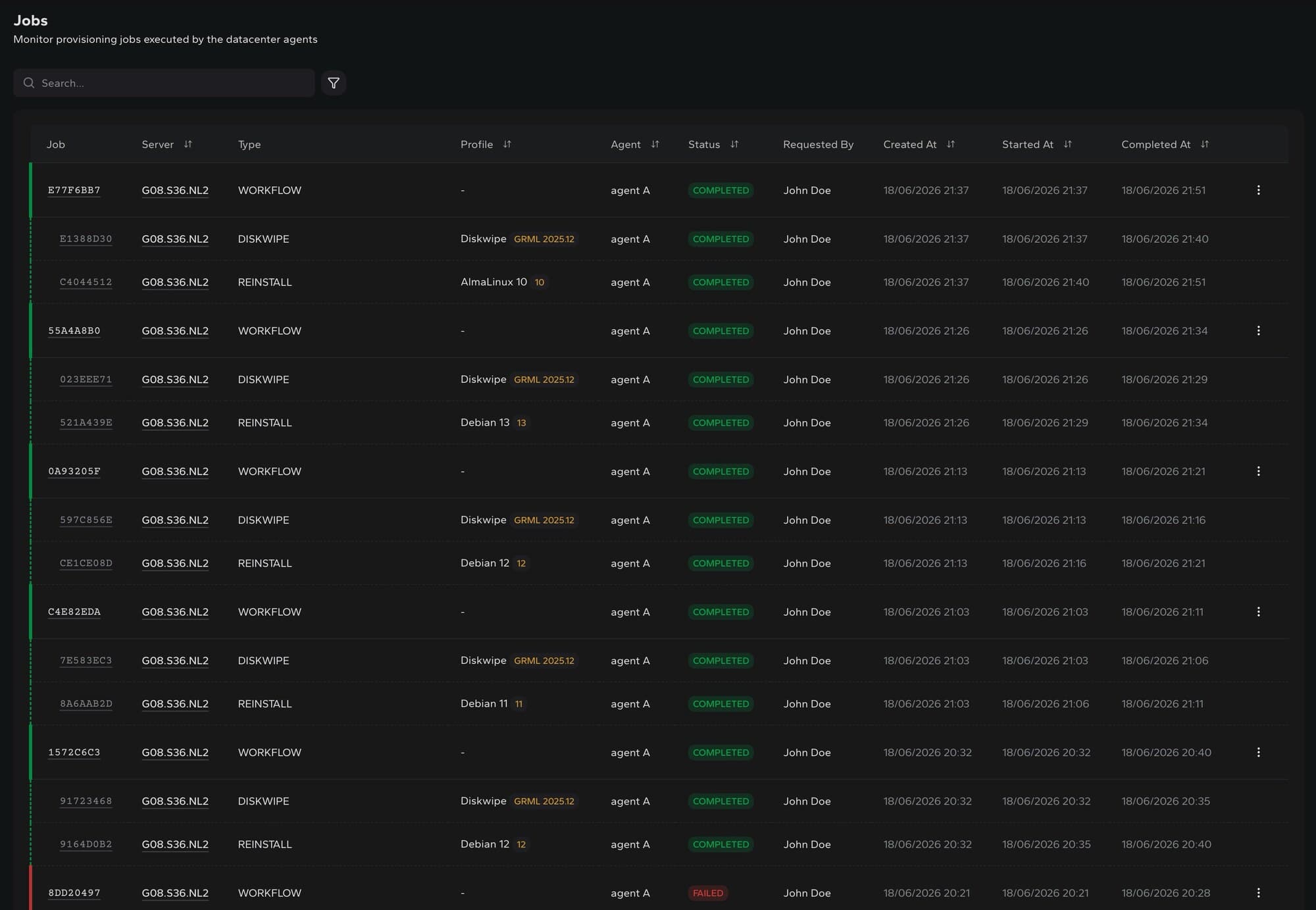 DCIM jobs executed by datacenter agents screen
