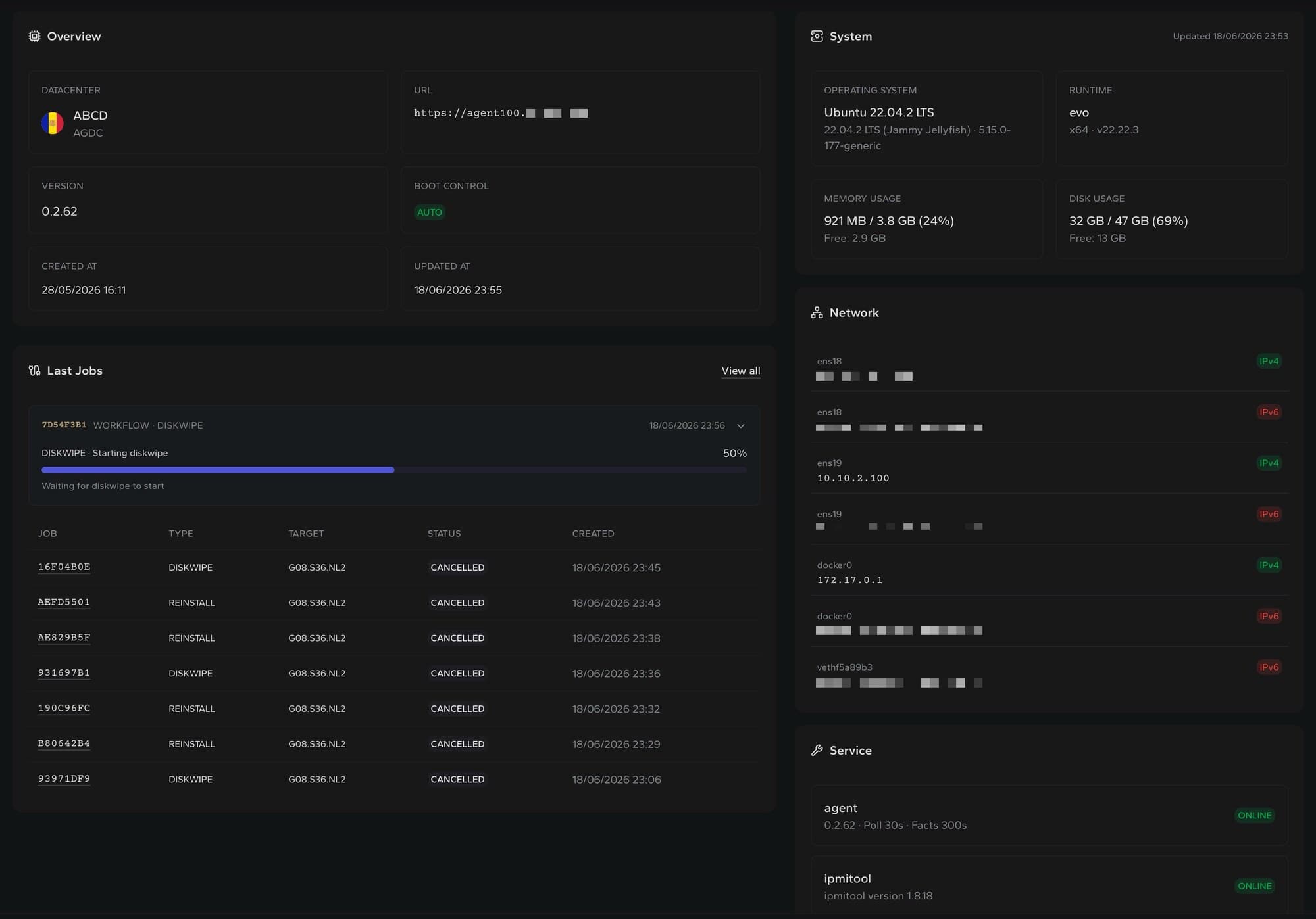 DCIM datacenter agent overview with runtime facts and job history