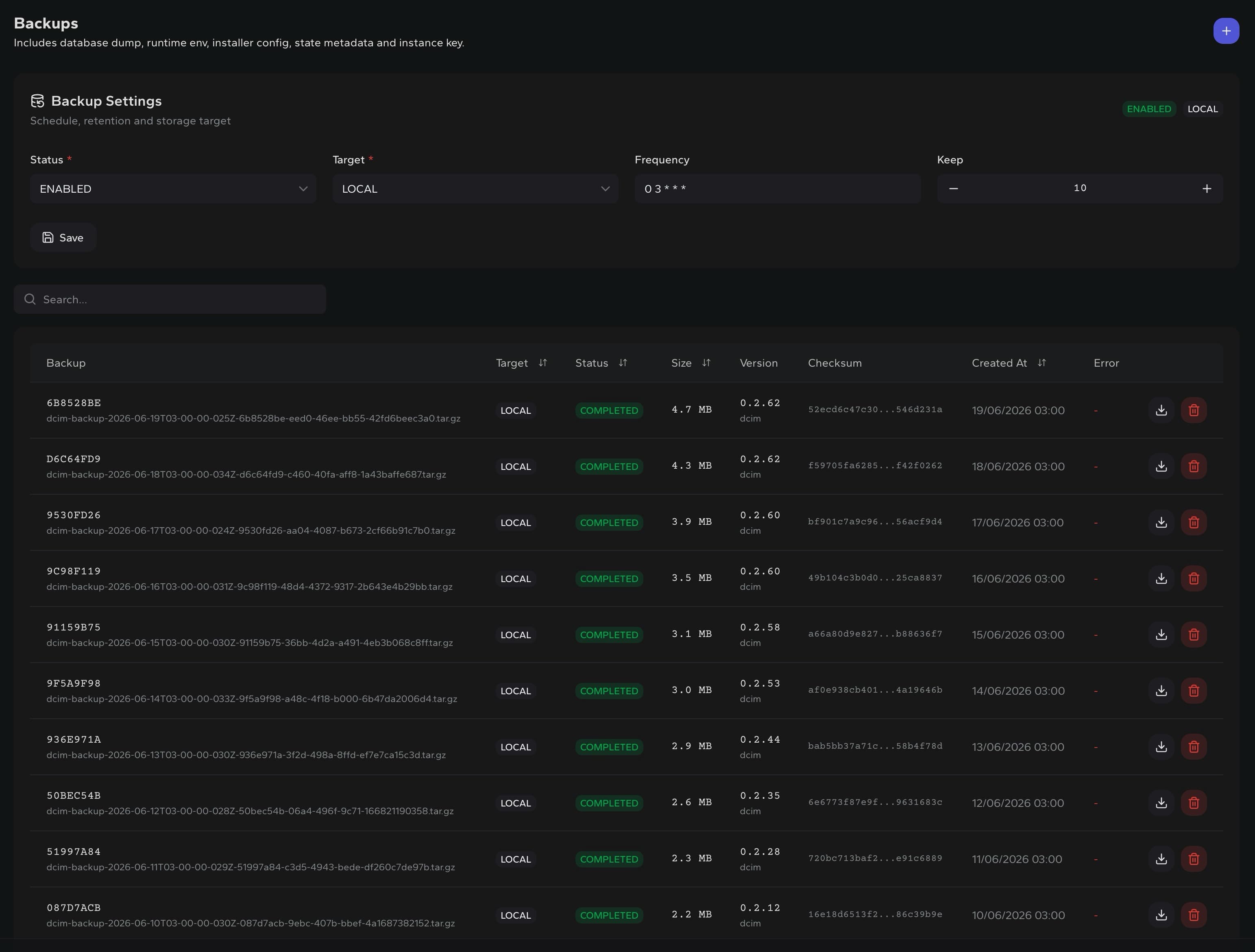 DCIM backups list with backup settings