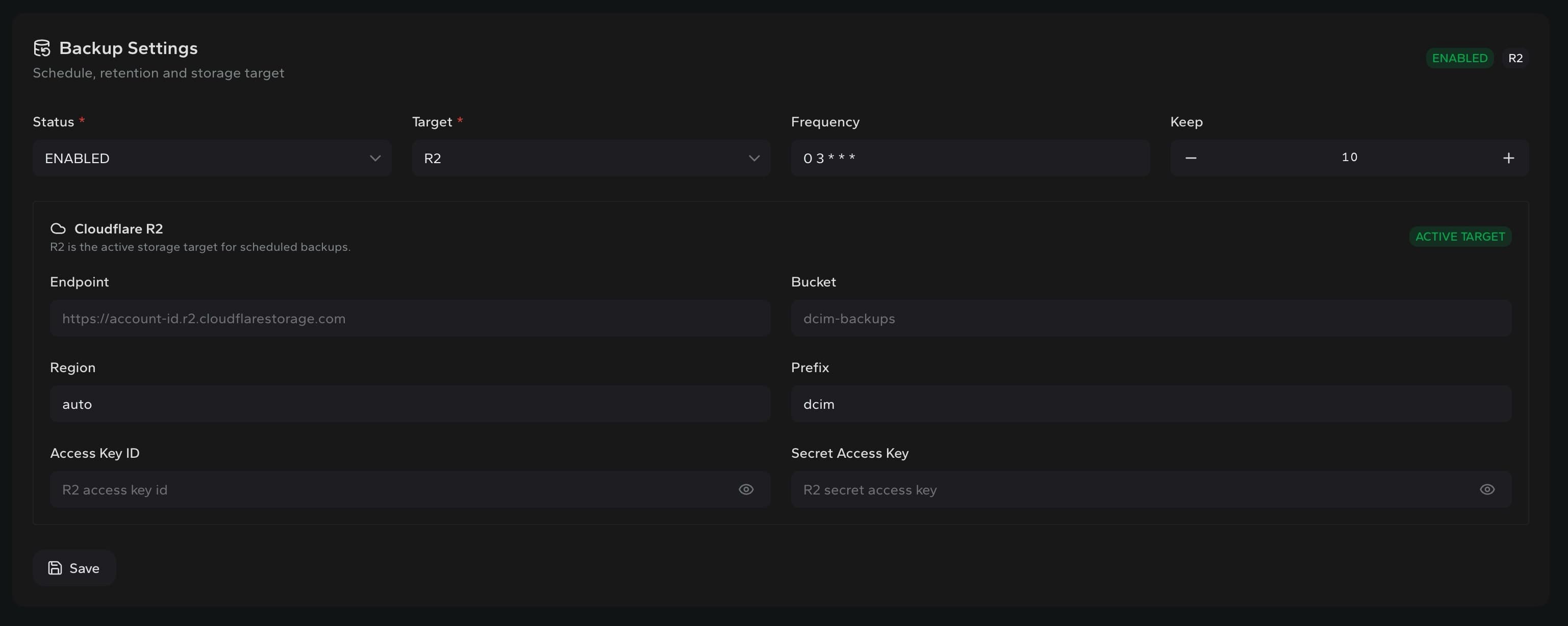 DCIM Cloudflare R2 backup settings