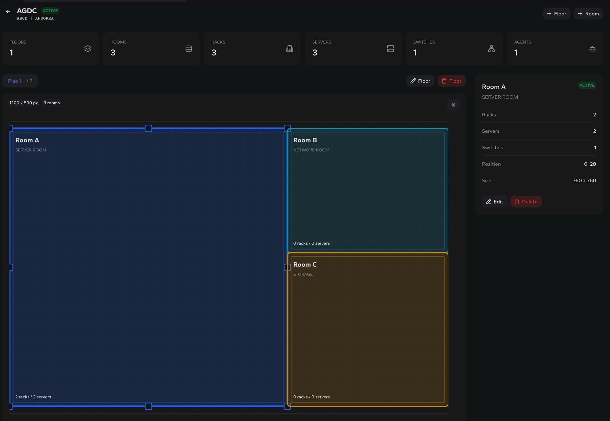 DCIM datacenter floor and room mapping screen