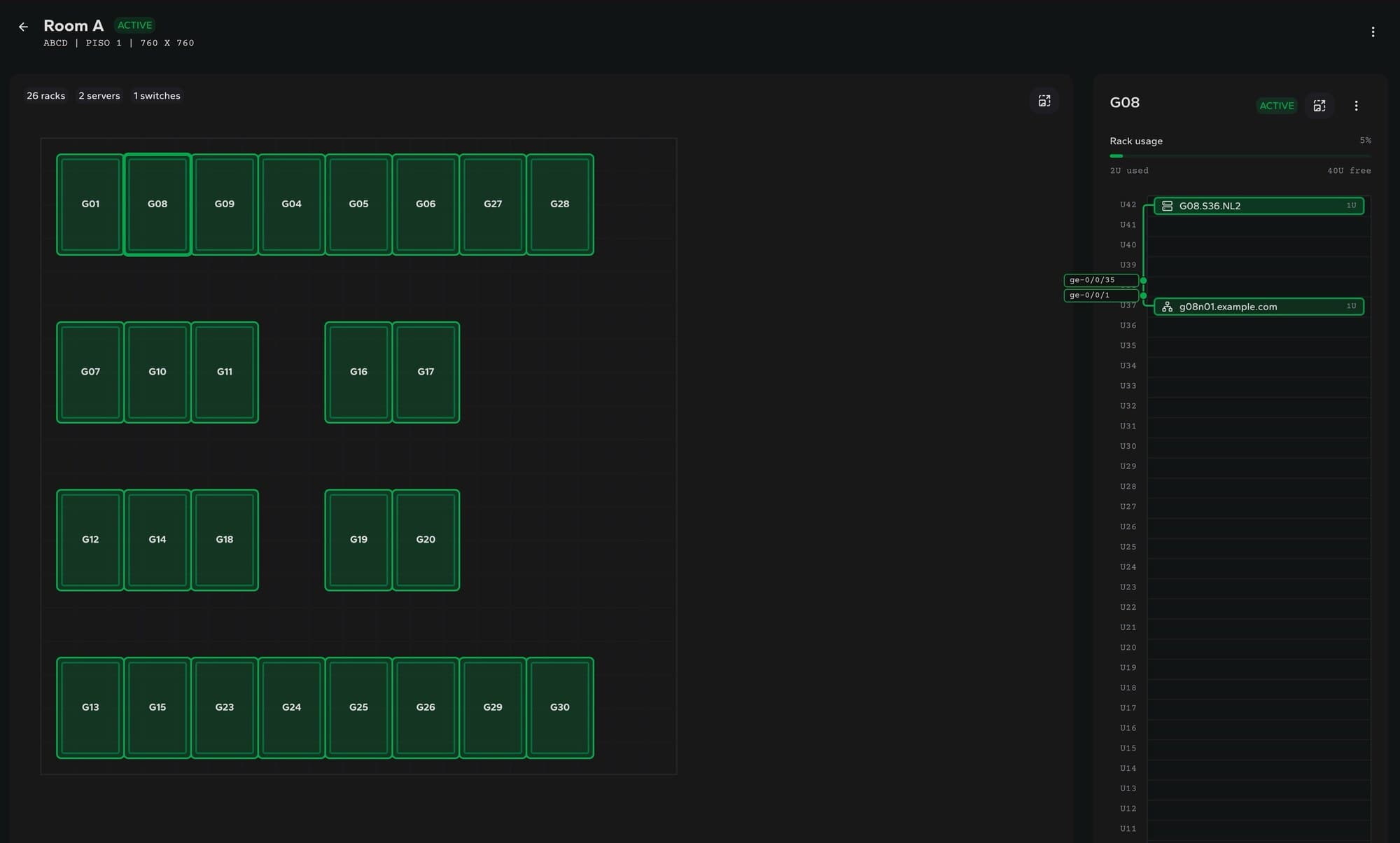 DCIM room rack map and rack usage screen