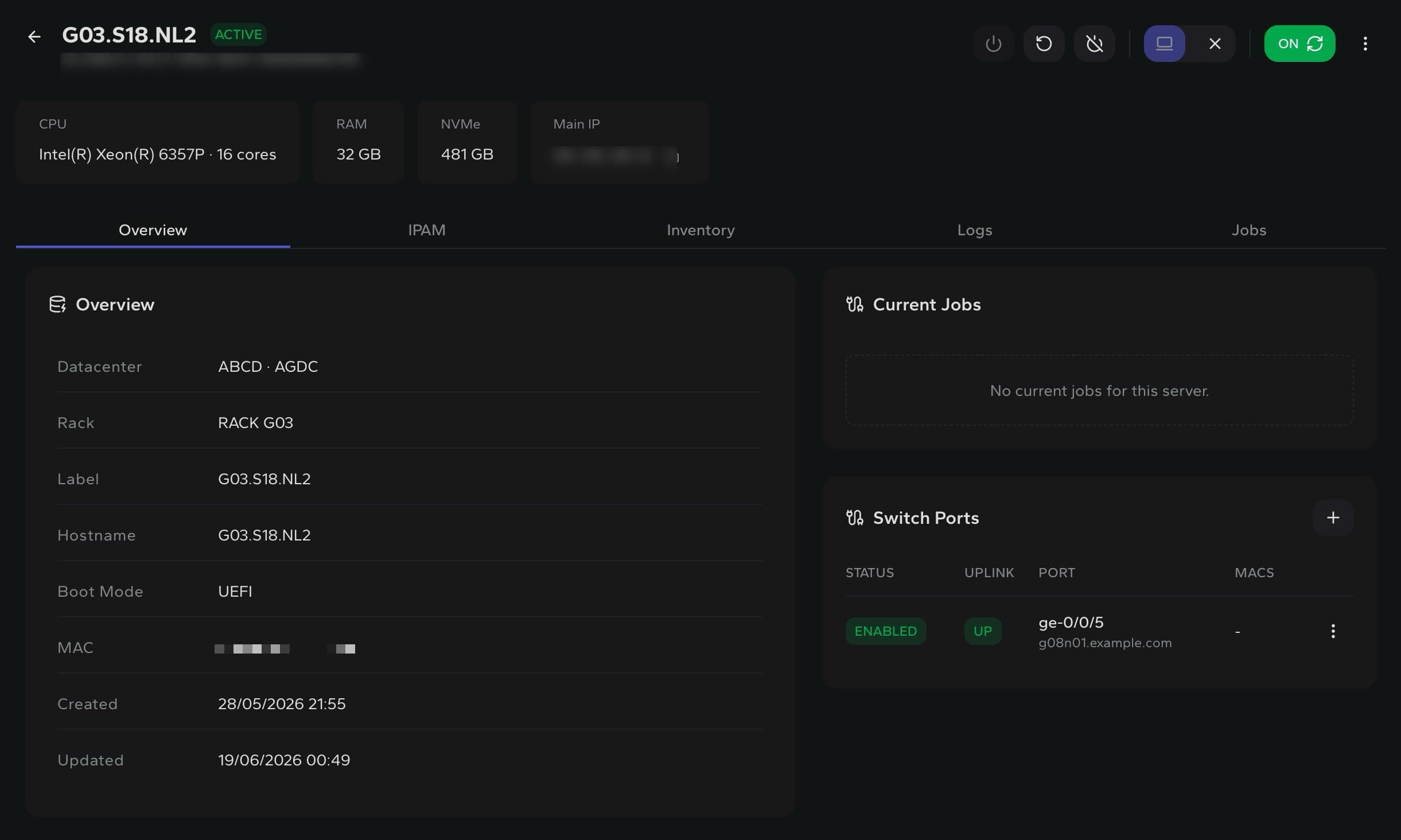 DCIM server page with remote console access