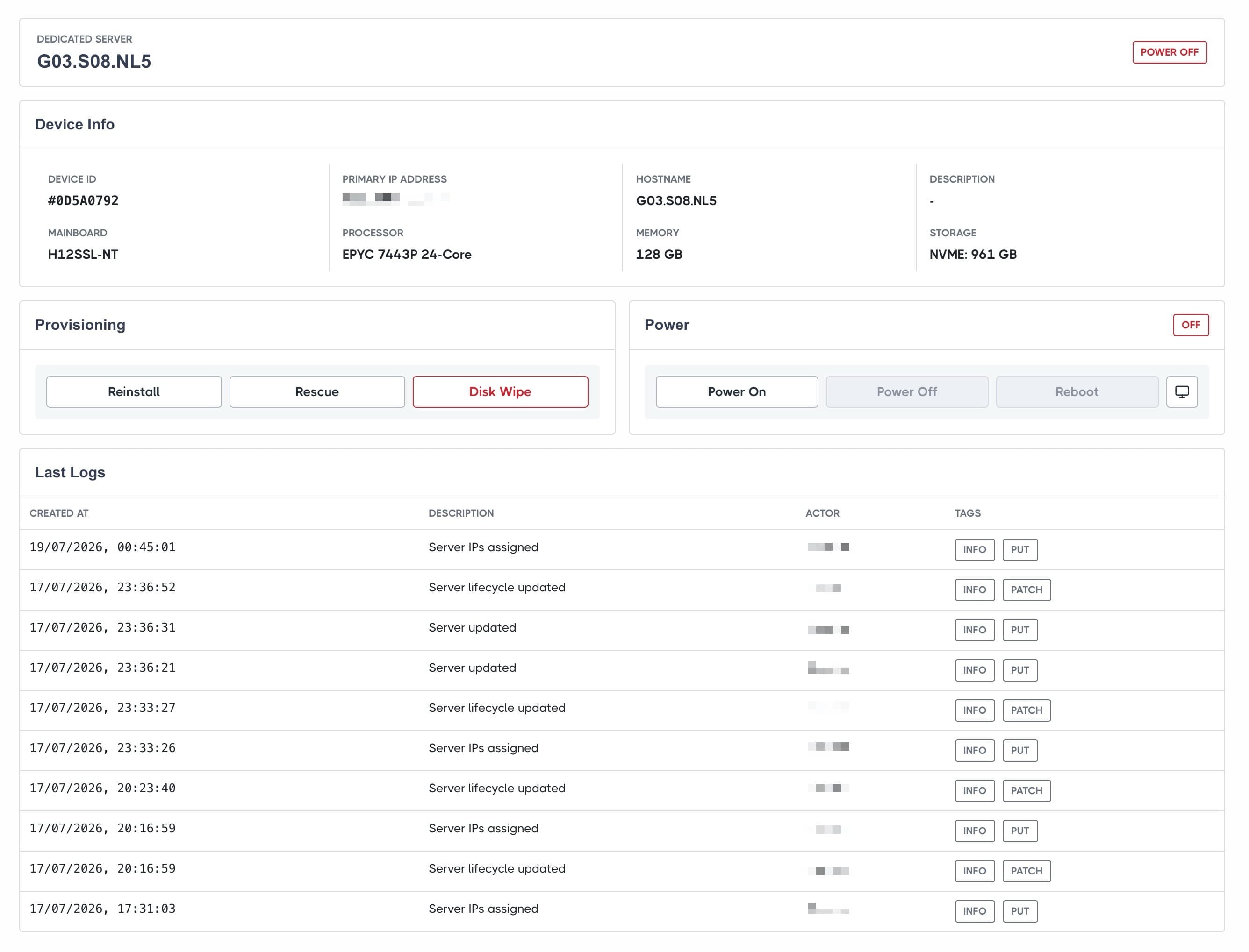 HostBill customer dedicated server management powered by DCIM