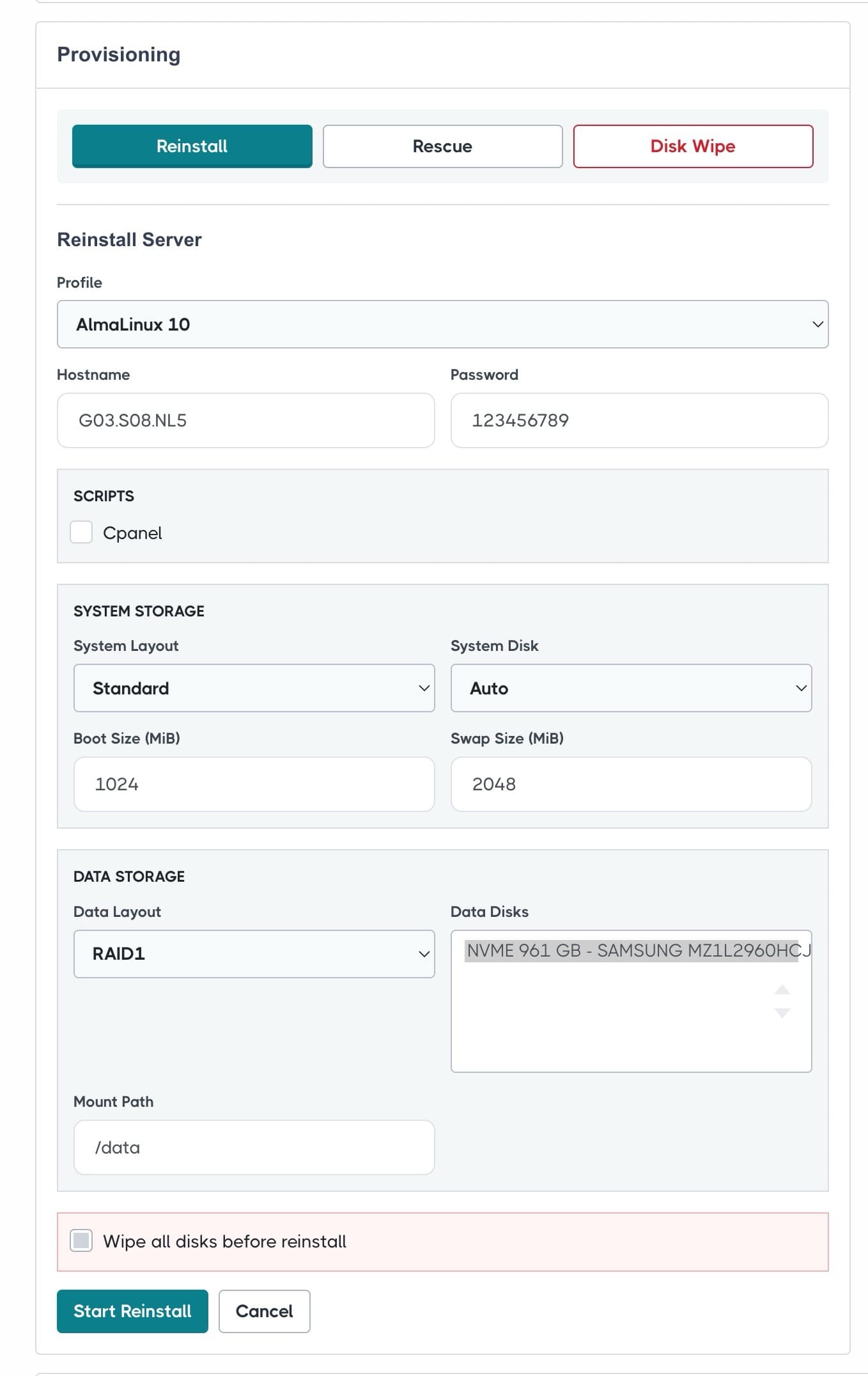 HostBill reinstall server form with profile, scripts and storage layout